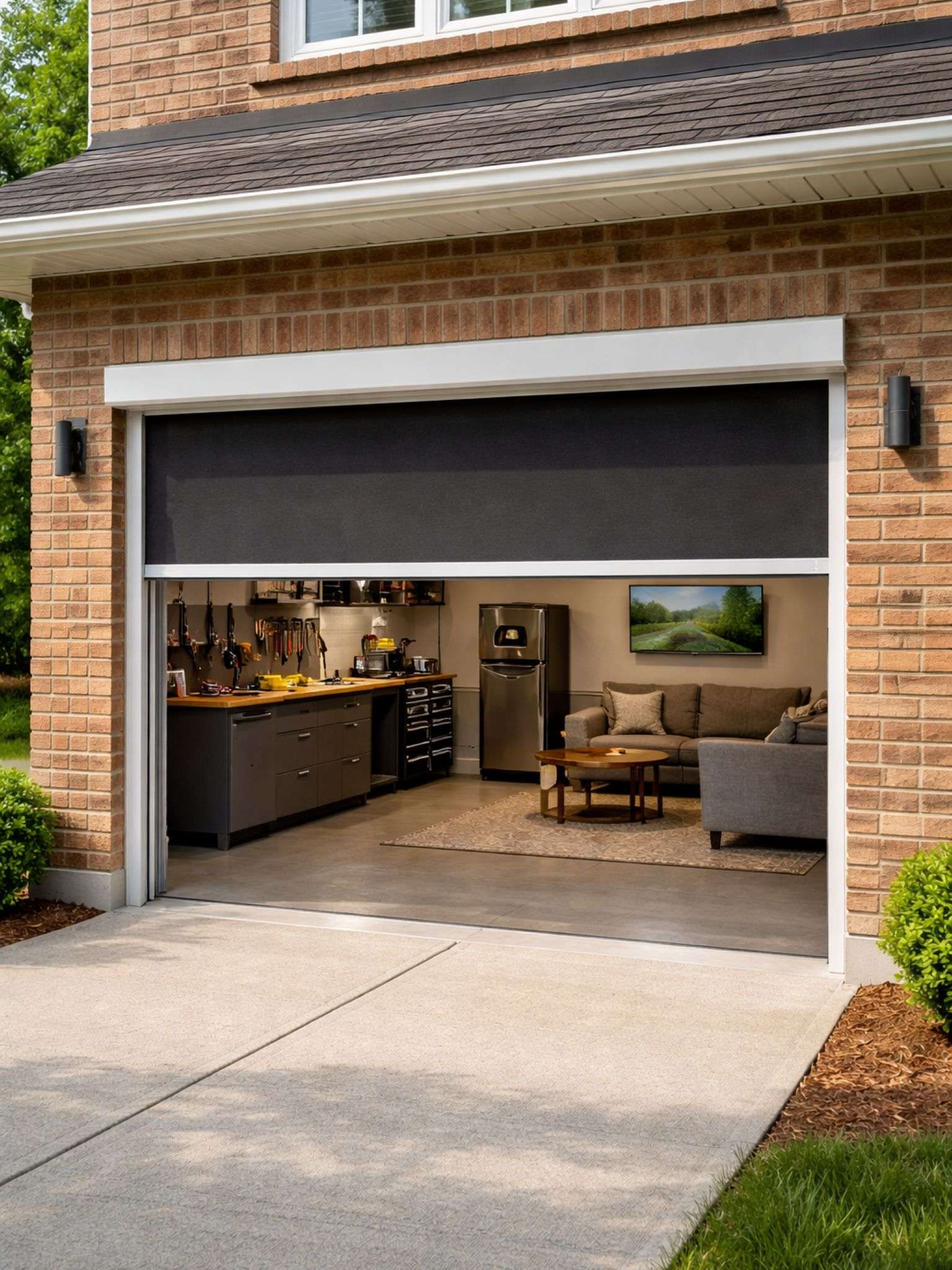 Open garage with a retractable privacy screen across the opening