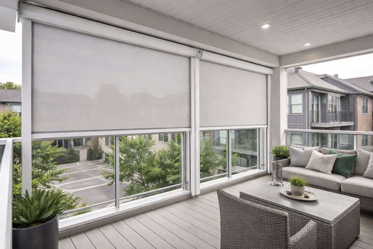 Close view of retractable privacy screen fabric showing the durable mesh weave used for outdoor exposure