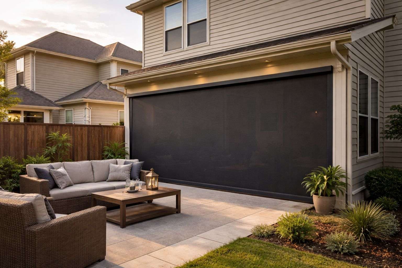 Backyard patio with a retractable awning and privacy screen
