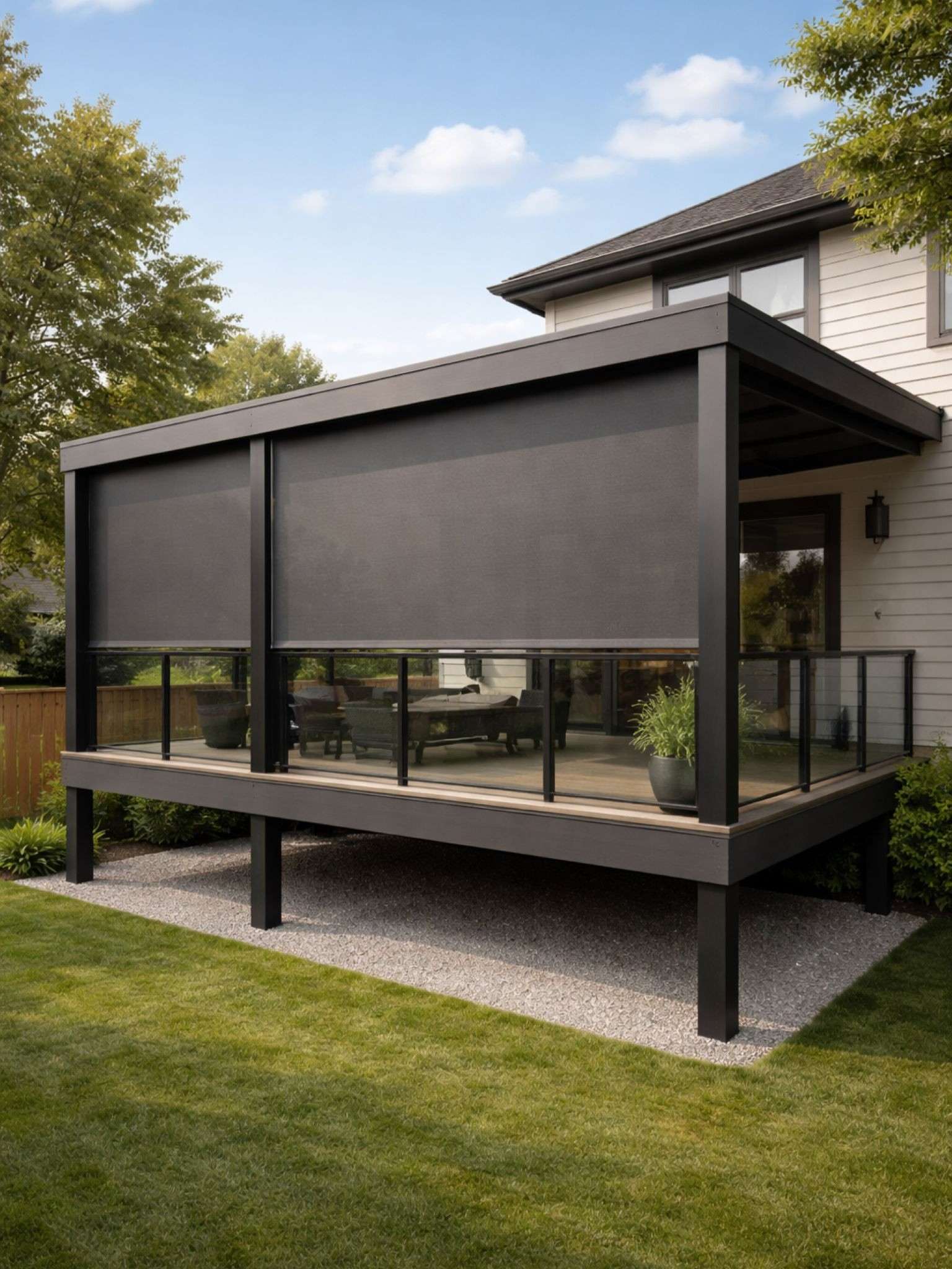 Privacy screen installation in Newmarket on a deck with charcoal mesh fabric and clean suburban finish