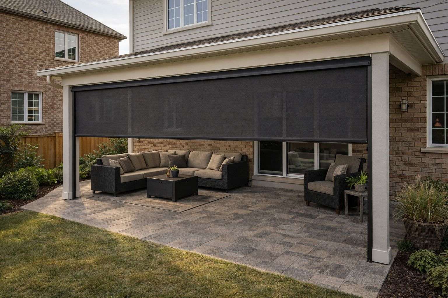 Retractable awning installed over a residential patio